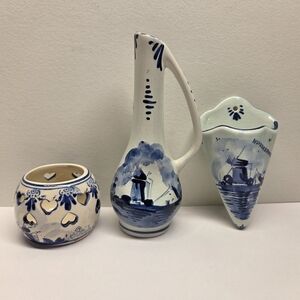 Vintage Dutch Delft Ceramic Vase Tealight And Wall Pocket Vase Blue & White X3